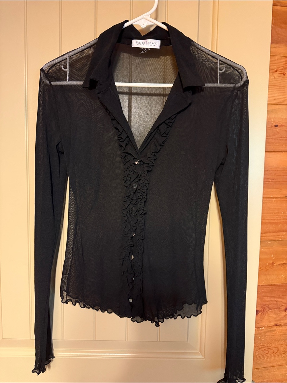 White House Black Market Black Sheer Ruffle-Trim Button Down Top